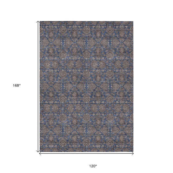 10' X 14' Navy Blue Beige And Taupe Floral Washable Indoor Outdoor Area Rug
