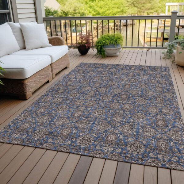 10' X 14' Navy Blue Beige And Taupe Floral Washable Indoor Outdoor Area Rug