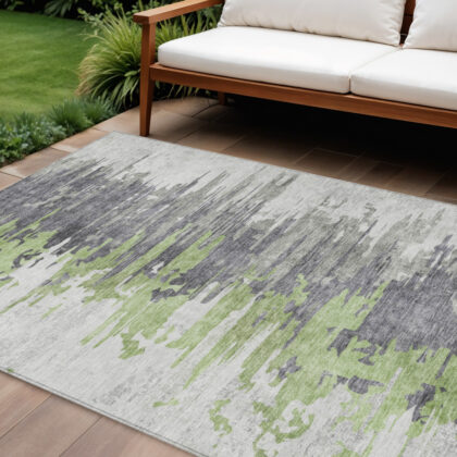 10' X 14' Green And Silver Abstract Washable Indoor Outdoor Area Rug