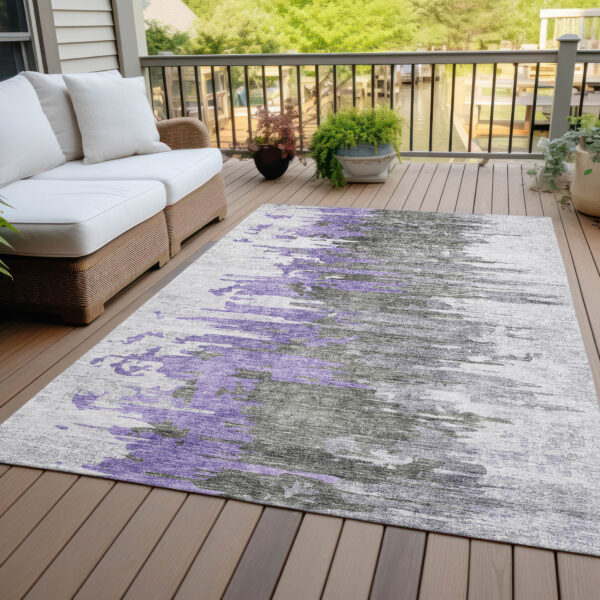 5' X 8' Purple Ivory And Charcoal Abstract Washable Indoor Outdoor Area Rug