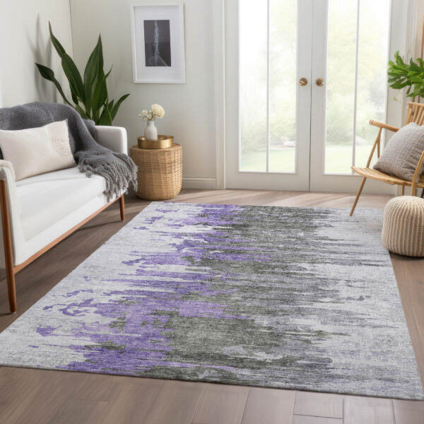 5' X 8' Purple Ivory And Charcoal Abstract Washable Indoor Outdoor Area Rug