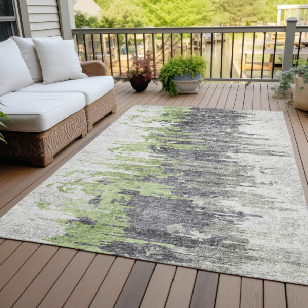 10' X 14' Green And Silver Abstract Washable Indoor Outdoor Area Rug