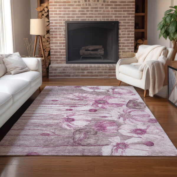 8' X 10' Plum Mauve And Pink Floral Washable Indoor Outdoor Area Rug