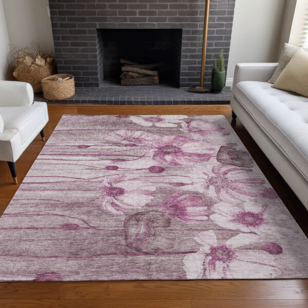 8' X 10' Plum Mauve And Pink Floral Washable Indoor Outdoor Area Rug