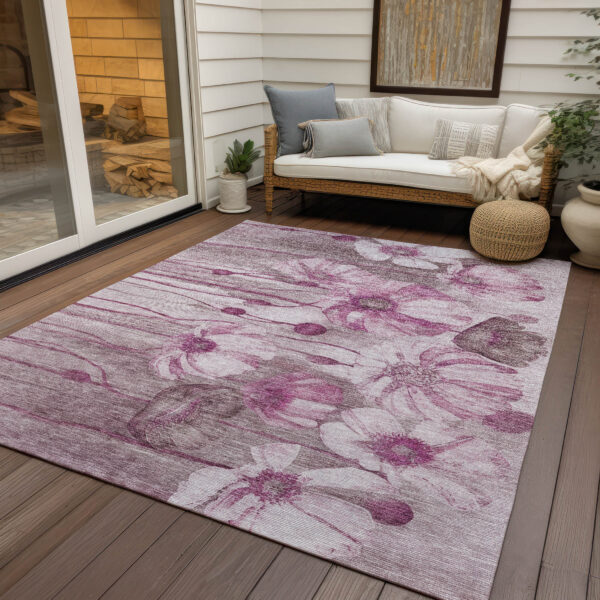 8' X 10' Plum Mauve And Pink Floral Washable Indoor Outdoor Area Rug