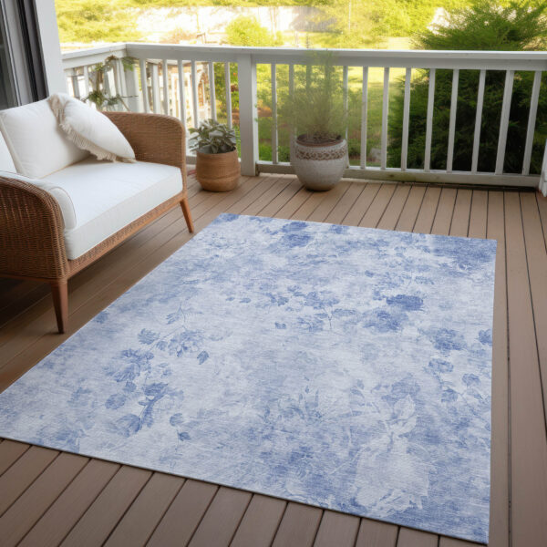 10' X 14' Sky Blue And Denim Blue Floral Washable Indoor Outdoor Area Rug