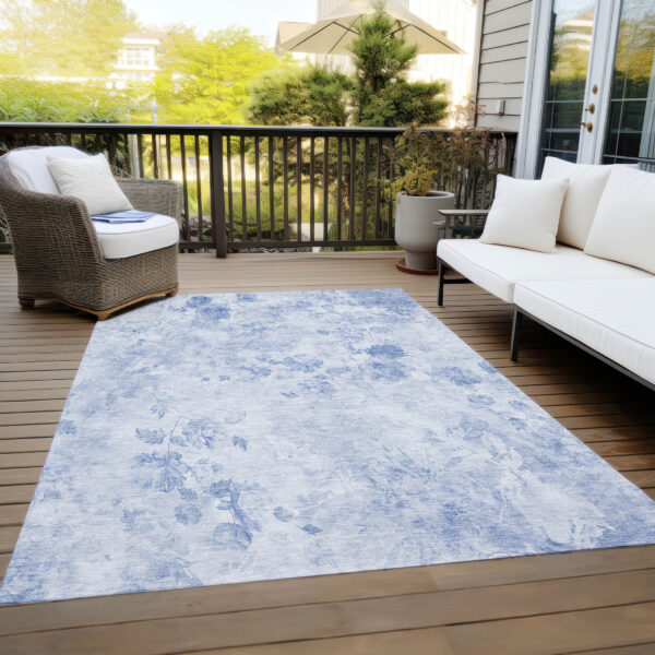 10' X 14' Sky Blue And Denim Blue Floral Washable Indoor Outdoor Area Rug