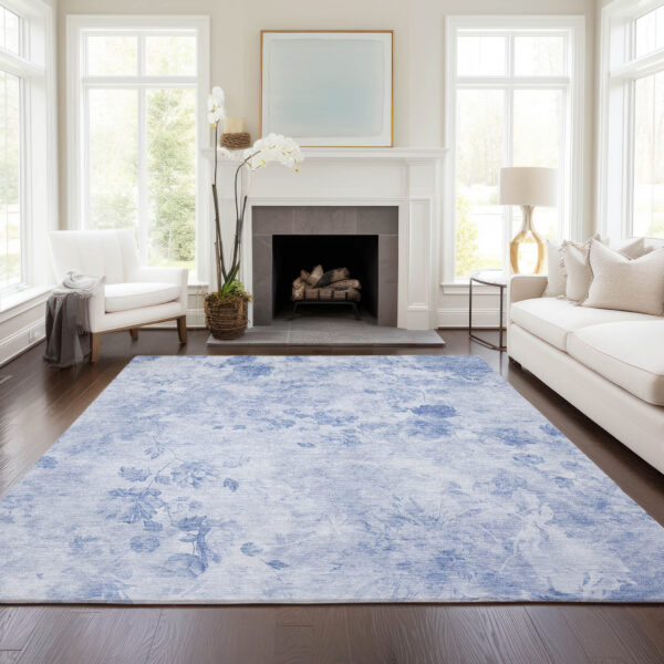 10' X 14' Sky Blue And Denim Blue Floral Washable Indoor Outdoor Area Rug