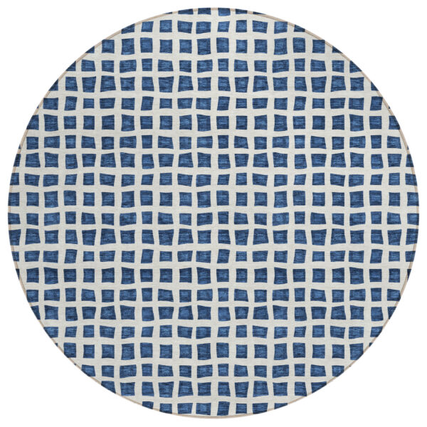 8' Navy Blue And Ivory Round Geometric Washable Indoor Outdoor Area Rug
