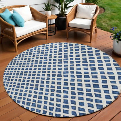 8' Navy Blue And Ivory Round Geometric Washable Indoor Outdoor Area Rug