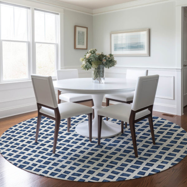 8' Navy Blue And Ivory Round Geometric Washable Indoor Outdoor Area Rug