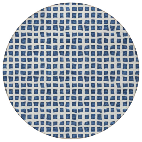8' Navy Blue And Ivory Round Geometric Washable Indoor Outdoor Area Rug