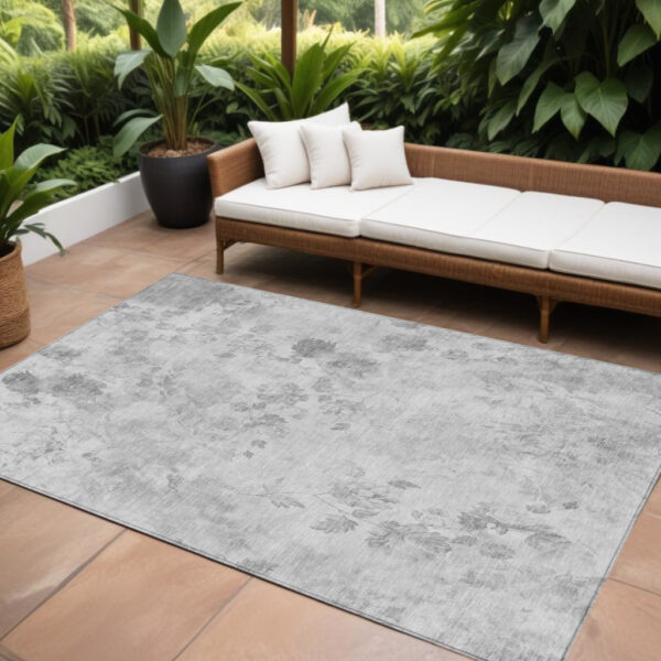 10' X 14' Gray Charcoal And Silver Floral Washable Indoor Outdoor Area Rug