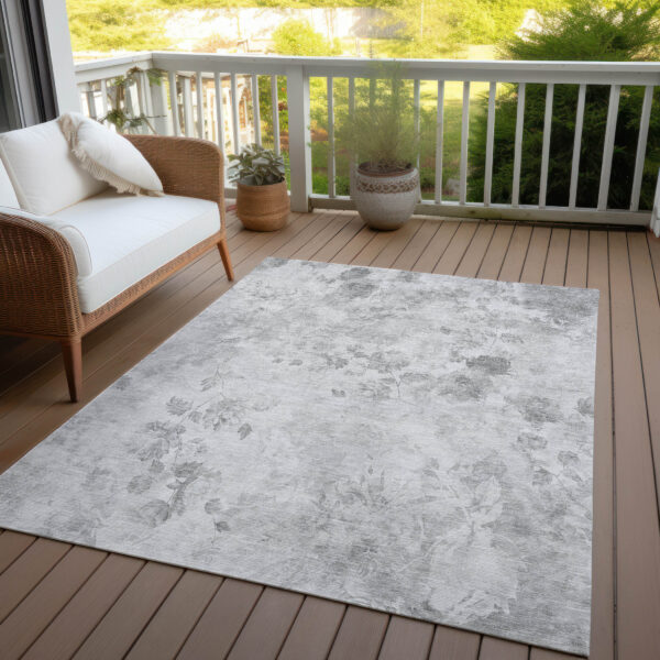 10' X 14' Gray Charcoal And Silver Floral Washable Indoor Outdoor Area Rug