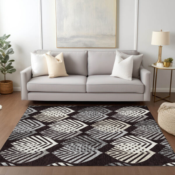 3' X 5' Black Silver And Charcoal Floral Washable Indoor Outdoor Area Rug