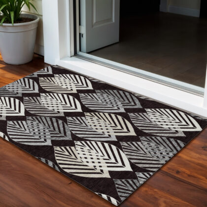 3' X 5' Black Silver And Charcoal Floral Washable Indoor Outdoor Area Rug