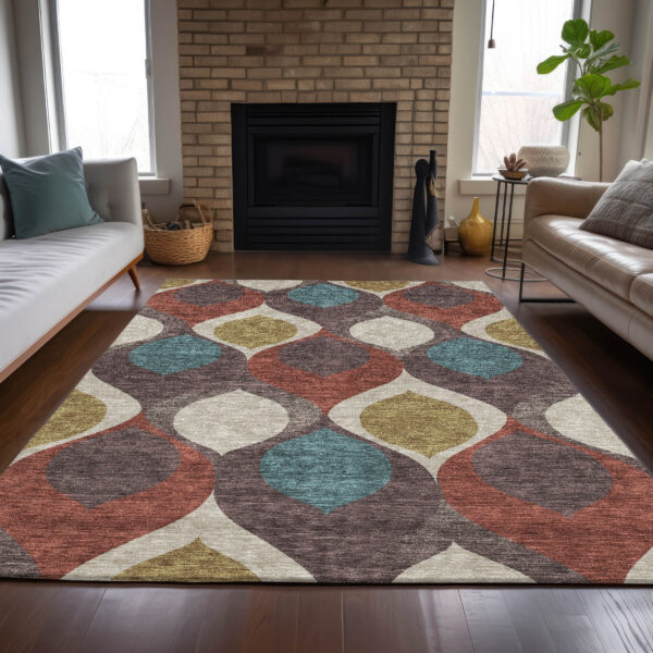 3' X 5' Brown Taupe And Teal Blue Ogee Washable Indoor Outdoor Area Rug