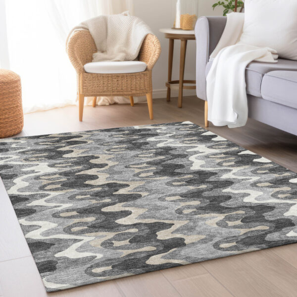 3' X 5' Gray Silver And Charcoal Abstract Washable Indoor Outdoor Area Rug