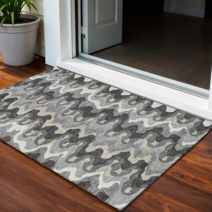 3' X 5' Gray Silver And Charcoal Abstract Washable Indoor Outdoor Area Rug