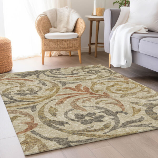 9' X 12' Beige Taupe And Copper Floral Washable Indoor Outdoor Area Rug