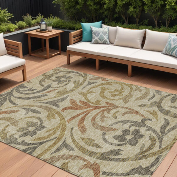 9' X 12' Beige Taupe And Copper Floral Washable Indoor Outdoor Area Rug