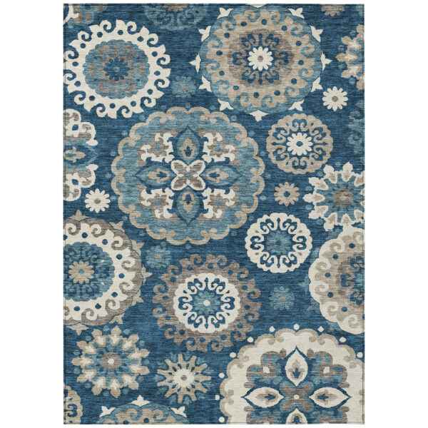 5' X 8' Navy Blue And Taupe Floral Medallion Washable Indoor Outdoor Area Rug