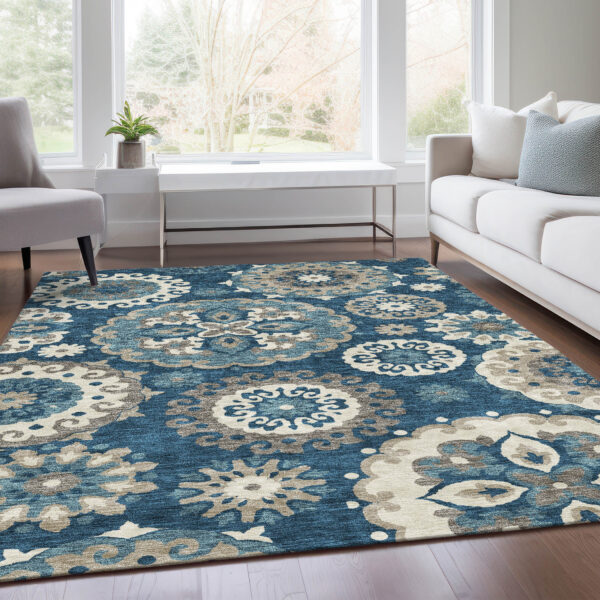 5' X 8' Navy Blue And Taupe Floral Medallion Washable Indoor Outdoor Area Rug