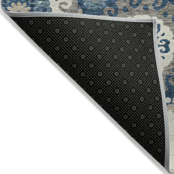 5' X 8' Navy Blue And Taupe Floral Medallion Washable Indoor Outdoor Area Rug