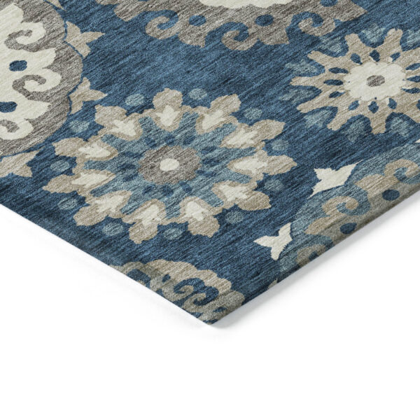 5' X 8' Navy Blue And Taupe Floral Medallion Washable Indoor Outdoor Area Rug