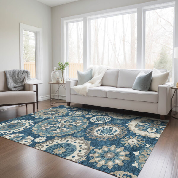 5' X 8' Navy Blue And Taupe Floral Medallion Washable Indoor Outdoor Area Rug