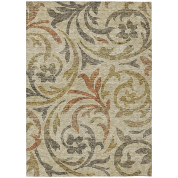5' X 8' Beige Taupe And Copper Floral Washable Indoor Outdoor Area Rug