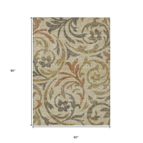 5' X 8' Beige Taupe And Copper Floral Washable Indoor Outdoor Area Rug
