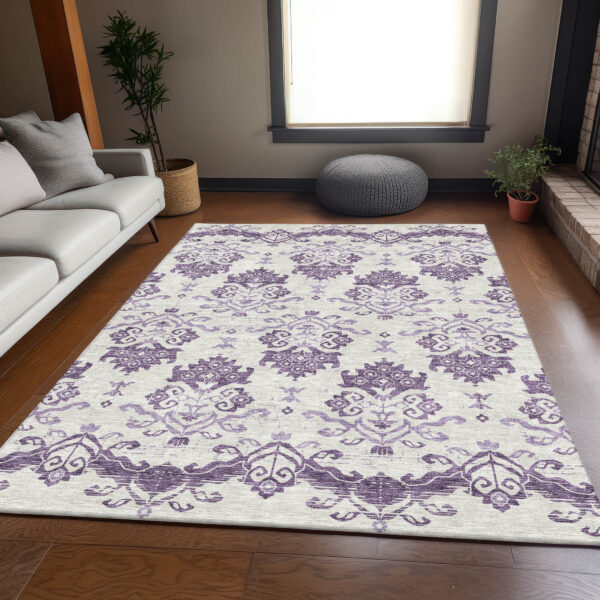 3' X 5' Purple Silver And Lilac Oriental Washable Indoor Outdoor Area Rug
