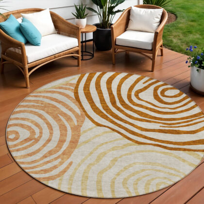8' Terra Cotta Copper And Gold Round Abstract Washable Indoor Outdoor Area Rug