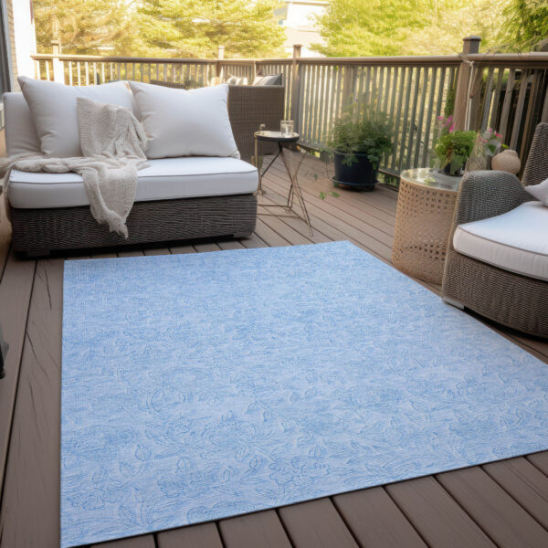 10' X 14' Sky Blue And Blue Floral Washable Indoor Outdoor Area Rug