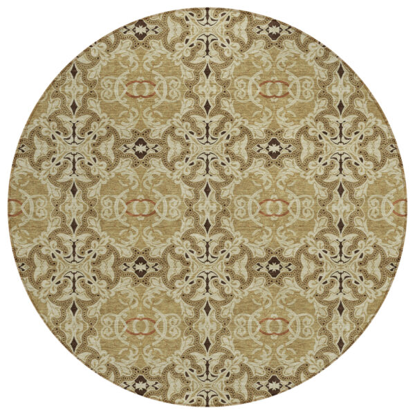 8' Brown Beige And Tan Round Medallion Washable Indoor Outdoor Area Rug