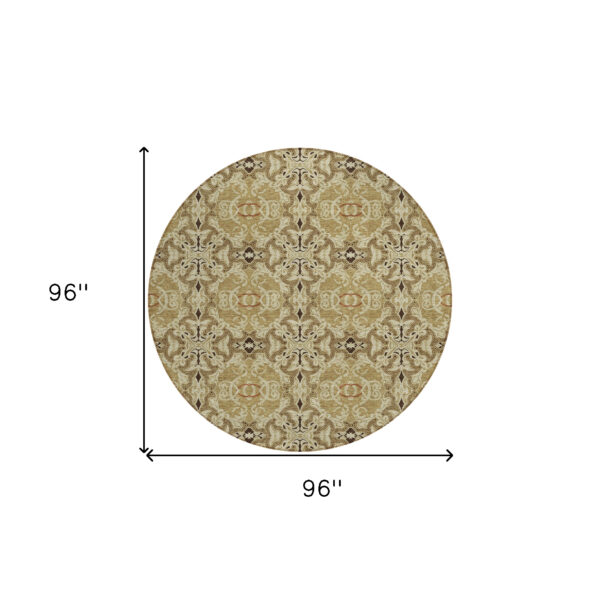 8' Brown Beige And Tan Round Medallion Washable Indoor Outdoor Area Rug