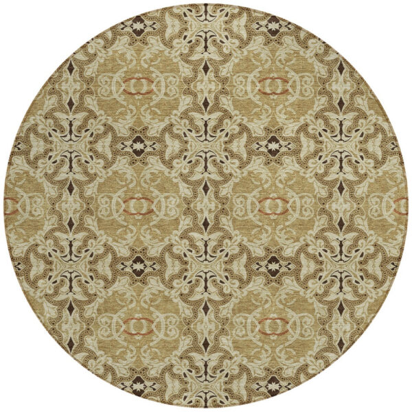 8' Brown Beige And Tan Round Medallion Washable Indoor Outdoor Area Rug
