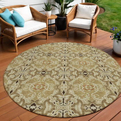 8' Brown Beige And Tan Round Medallion Washable Indoor Outdoor Area Rug