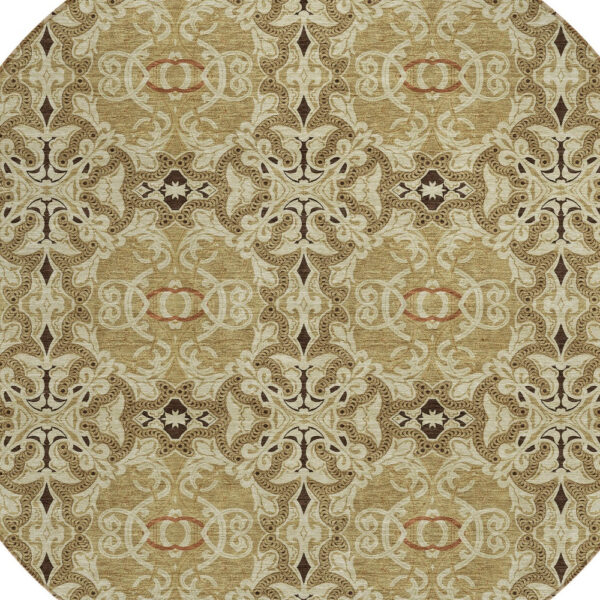 8' Brown Beige And Tan Round Medallion Washable Indoor Outdoor Area Rug