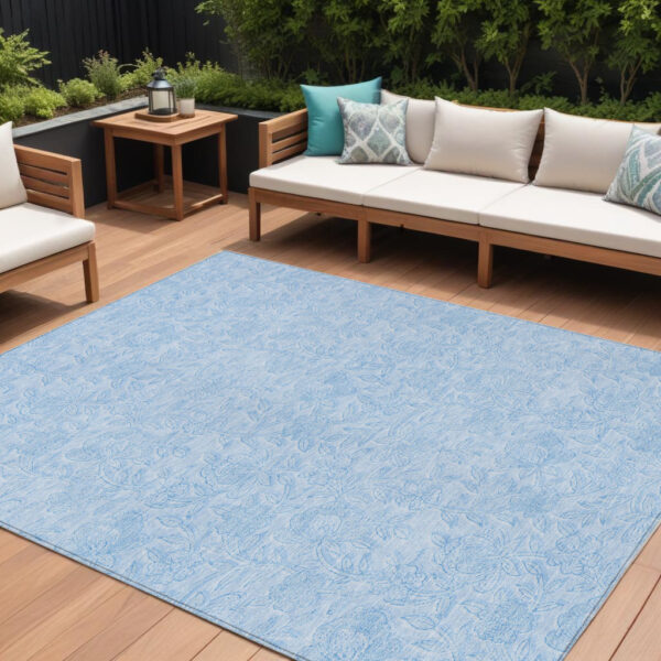 10' X 14' Sky Blue And Blue Floral Washable Indoor Outdoor Area Rug