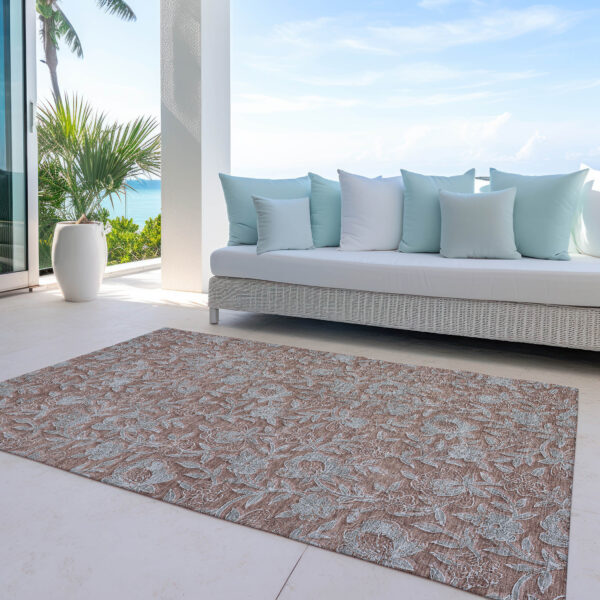8' X 10' Terra Cotta Copper And Taupe Floral Washable Indoor Outdoor Area Rug