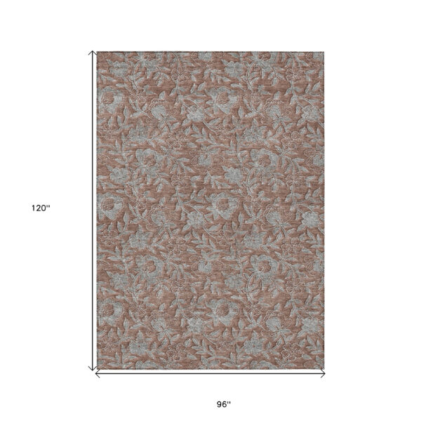 8' X 10' Terra Cotta Copper And Taupe Floral Washable Indoor Outdoor Area Rug