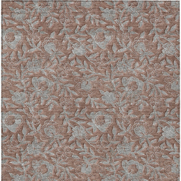 8' X 10' Terra Cotta Copper And Taupe Floral Washable Indoor Outdoor Area Rug