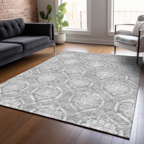3' X 5' Gray And Silver Medallion Washable Indoor Outdoor Area Rug