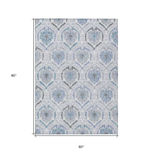 5' X 8' Gray And Denim Blue Medallion Washable Indoor Outdoor Area Rug