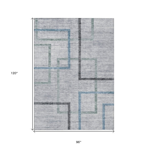 8' X 10' Gray Charcoal And Blue Geometric Washable Indoor Outdoor Area Rug
