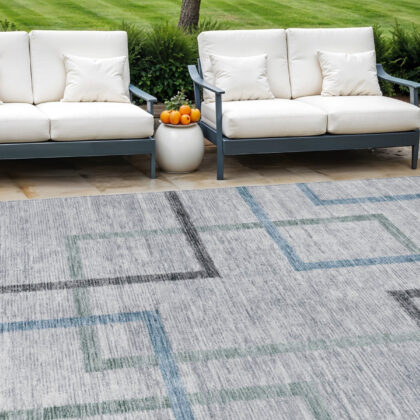 8' X 10' Gray Charcoal And Blue Geometric Washable Indoor Outdoor Area Rug