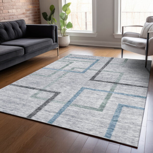 8' X 10' Gray Charcoal And Blue Geometric Washable Indoor Outdoor Area Rug