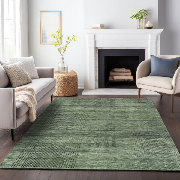 8' X 10' Olive Green And Gray Striped Washable Indoor Outdoor Area Rug